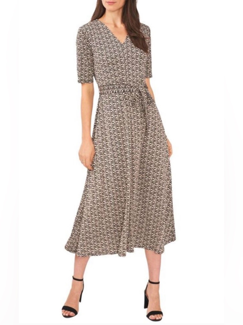 MSK Printed V-Neck Midi Dress with Tie Waist - Black/Cream